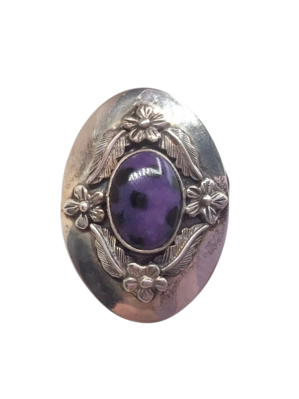 Vintage Navajo Sterling Silver Earrings, Purple Spotted Jasper Cabochon, Floral
